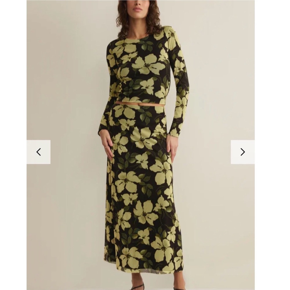 Evereve Z Supply Floral Mesh Two Piece Set Long Sleeve Maxi Skirt Black Yellow